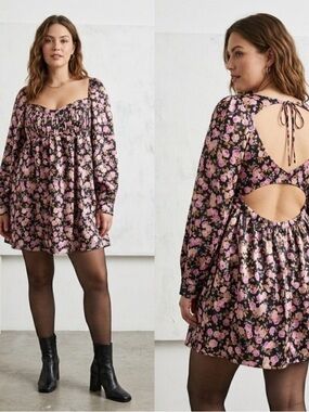 For Love & Lemons Black Floral Babydoll Dress with Pink Blossoms